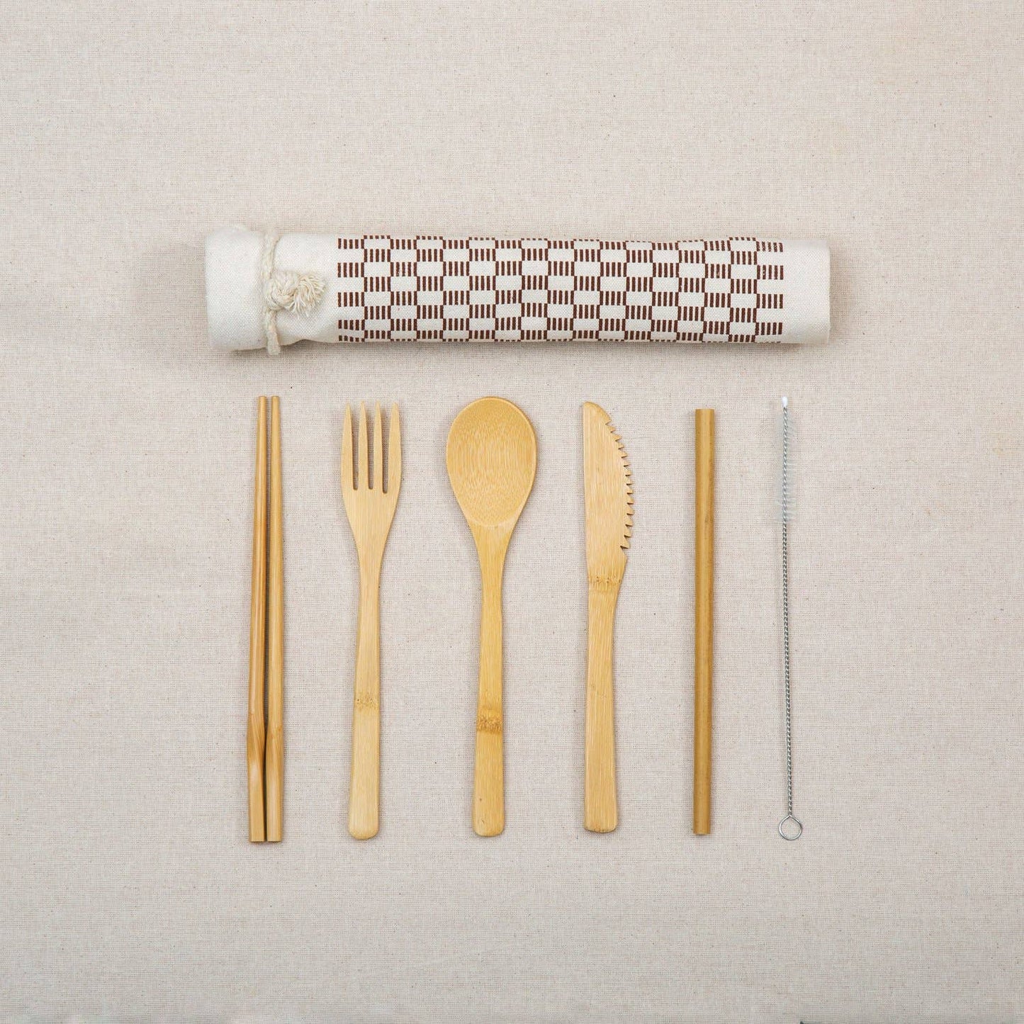 Bamboo Wooden Utensil Set with Checker Drawstring Bag: Brown Checkers