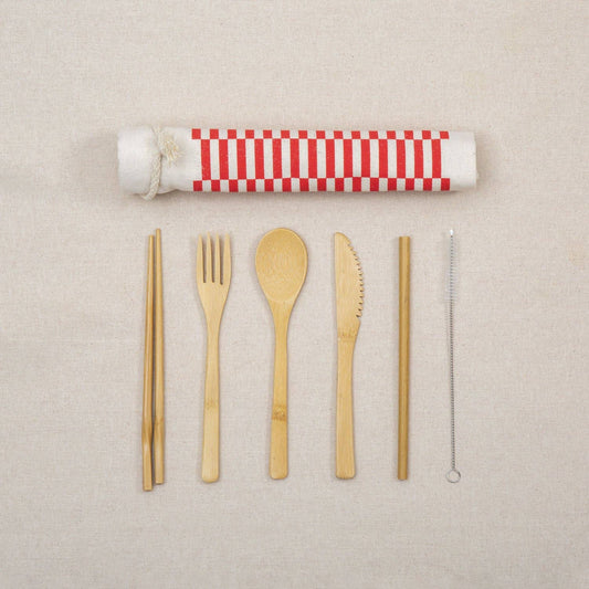 Bamboo Wooden Utensil Set with Checker Drawstring Bag: Red Checkers