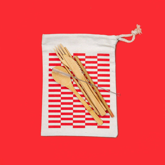 Bamboo Wooden Utensil Set with Checker Drawstring Bag: Red Checkers