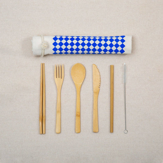 Bamboo Wooden Utensil Set with Checker Drawstring Bag: Blue Checkers